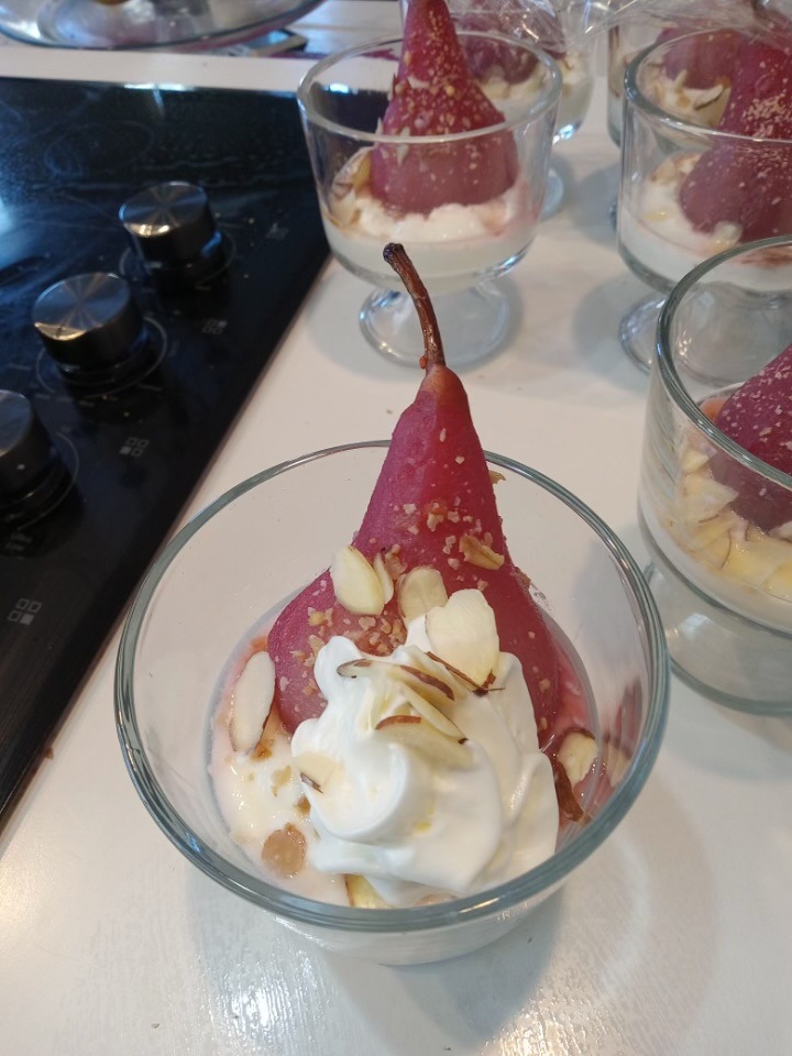 Fruit dish of raspberry poached pears